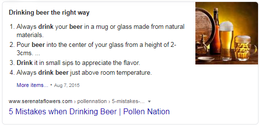 Featured Snippet showing how to drink beer