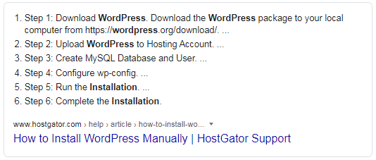 Featured Snippet showing how to install Wordpress
