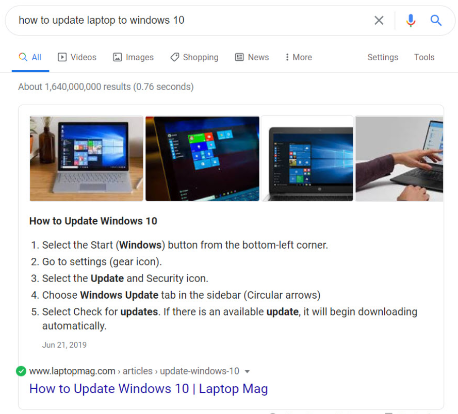 Google SERP for the term 'how to update laptop to windows 10'