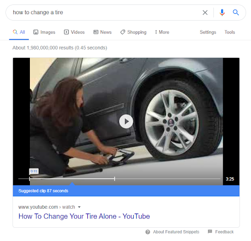 video Featured Snippet for the term 'how to change a tire'