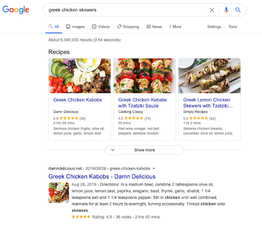 Google SERP for the term greek chicken skewers