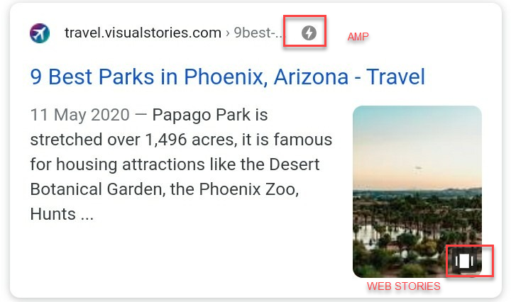 Web Stories Box as it appears in the Google SERP