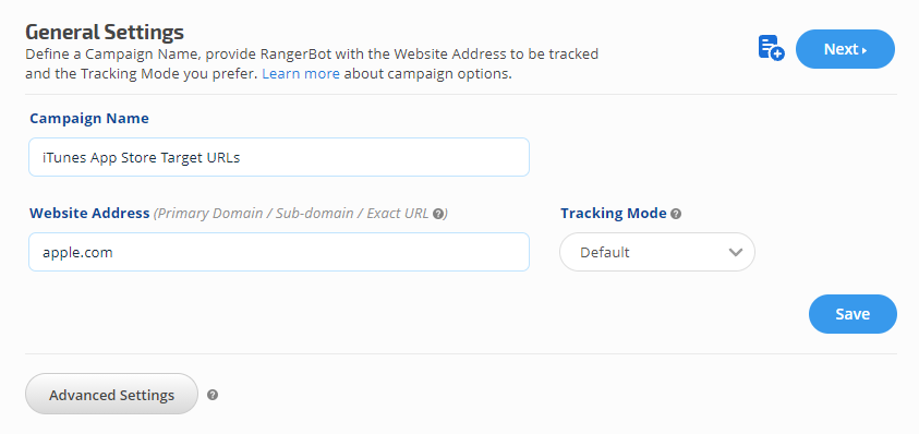 Apple iTunes ASO tracking campaign settings