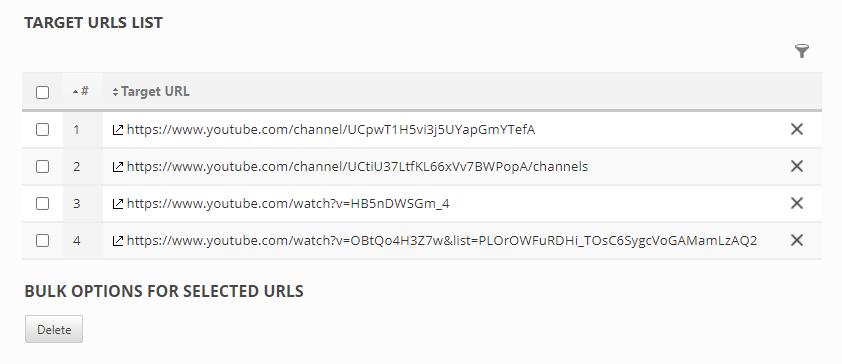 list of Target URLs