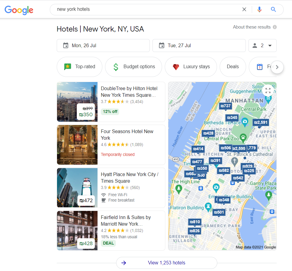 Hotel Pack SERP in Google Search Engine