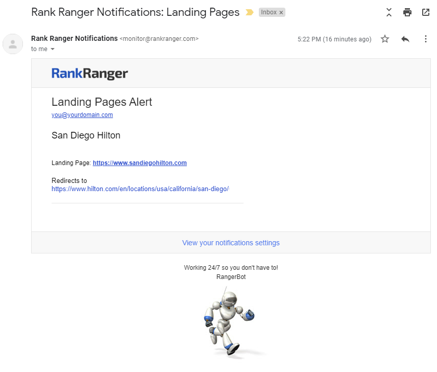 landing page email alert for redirects